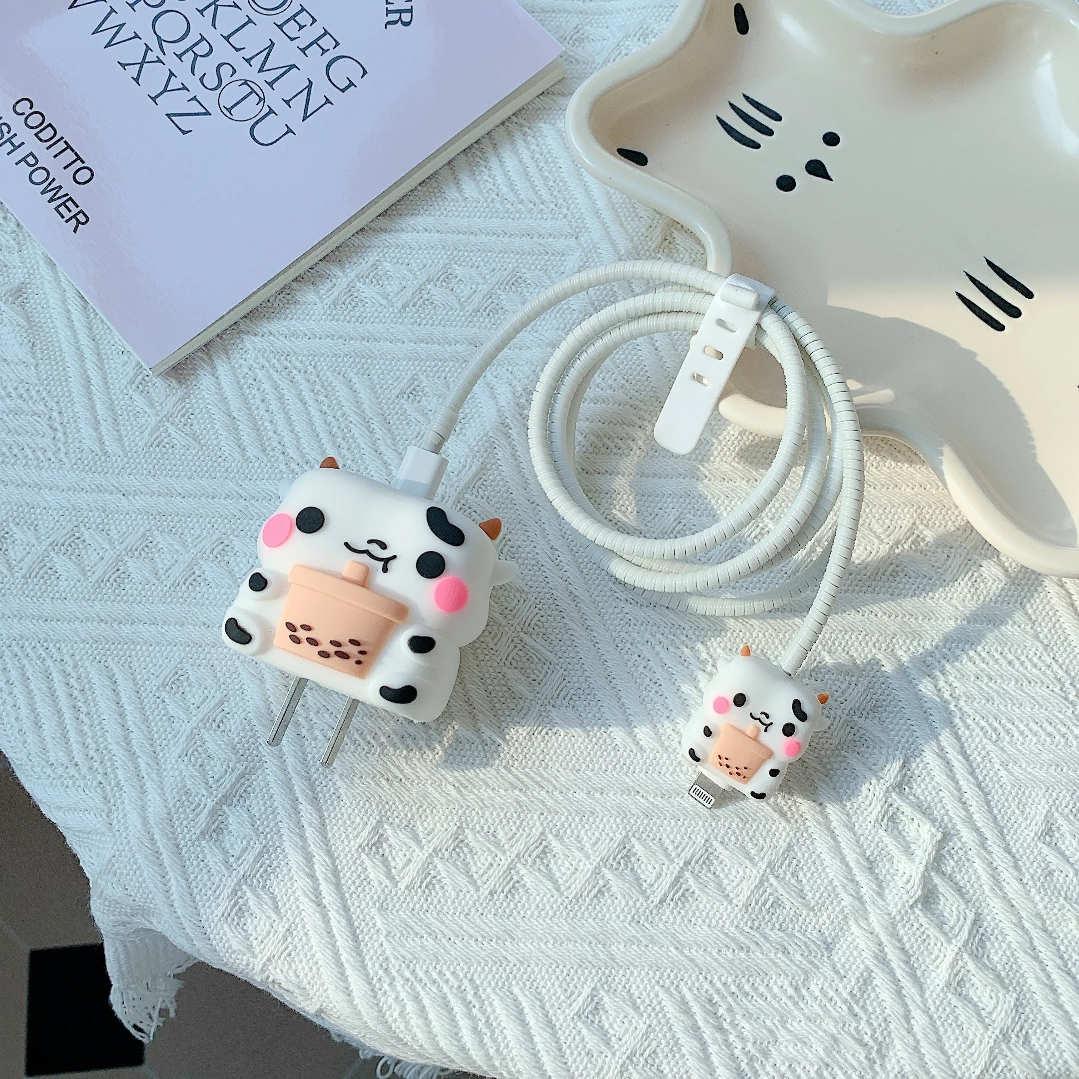 Iphone Charger Case Cover - Cute Cow - 4 Piece Set (With Wire Protector)