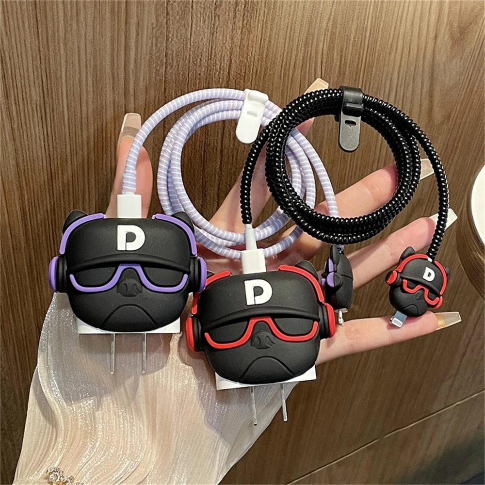 Iphone Charger Case Cover - Trendy Dog - 4 Piece Set (With Wire Protector)