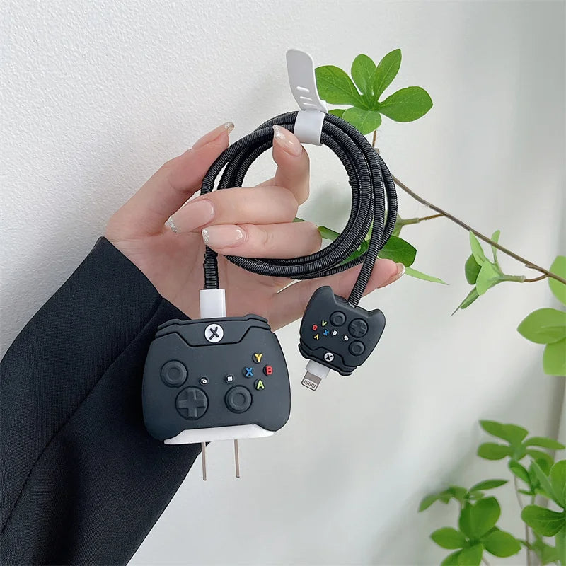 Iphone Charger Case Cover - XBOX Black - 4 Piece Set (With Wire Protector)