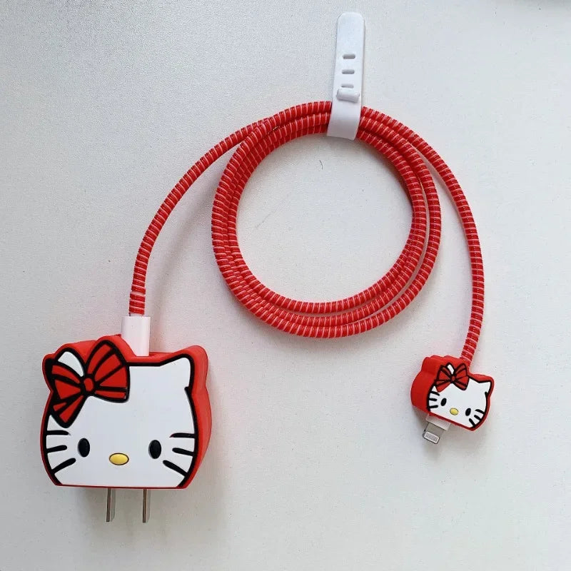 Iphone Charger Case Cover - Kitty Red - 4 Piece Set (With Wire Protector)