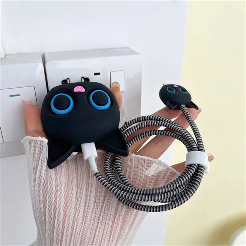 Iphone Charger Case Cover - Kitty Black - 4 Piece Set (With Wire Protector)