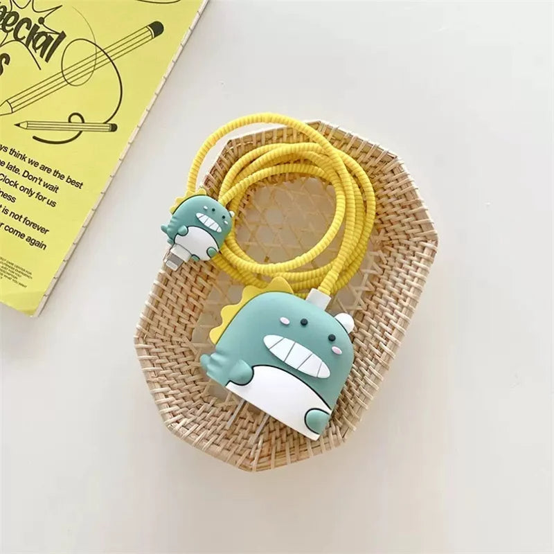 Iphone Charger Case Cover - Cute Dinosaur - 4 Piece Set (With Wire Protector)