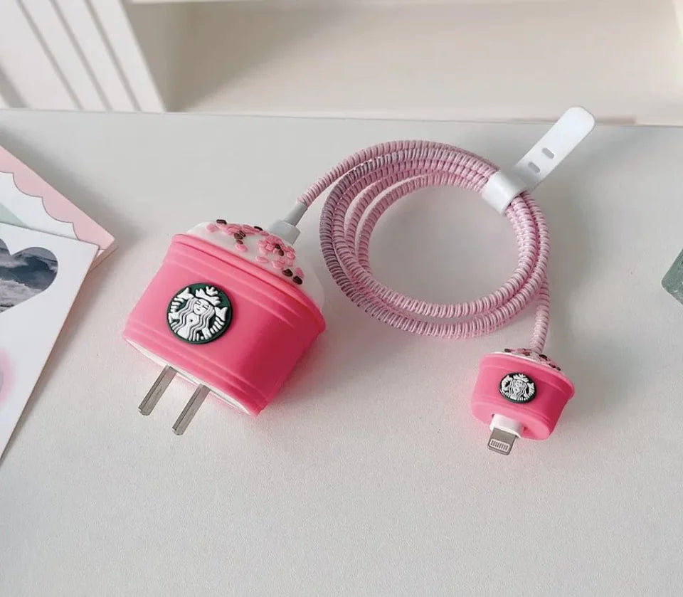Iphone Charger Case Cover - Starbucks Cappuccino Lover - 4 Piece Set (With Wire Protector)