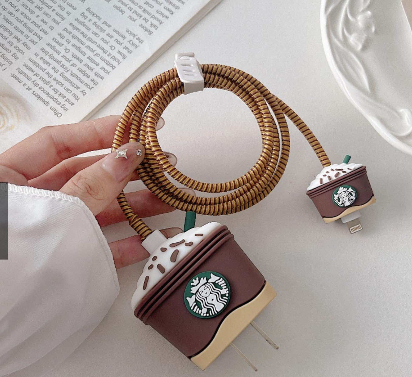 Iphone Charger Case Cover - Starbucks Cappuccino Lover - 4 Piece Set (With Wire Protector)