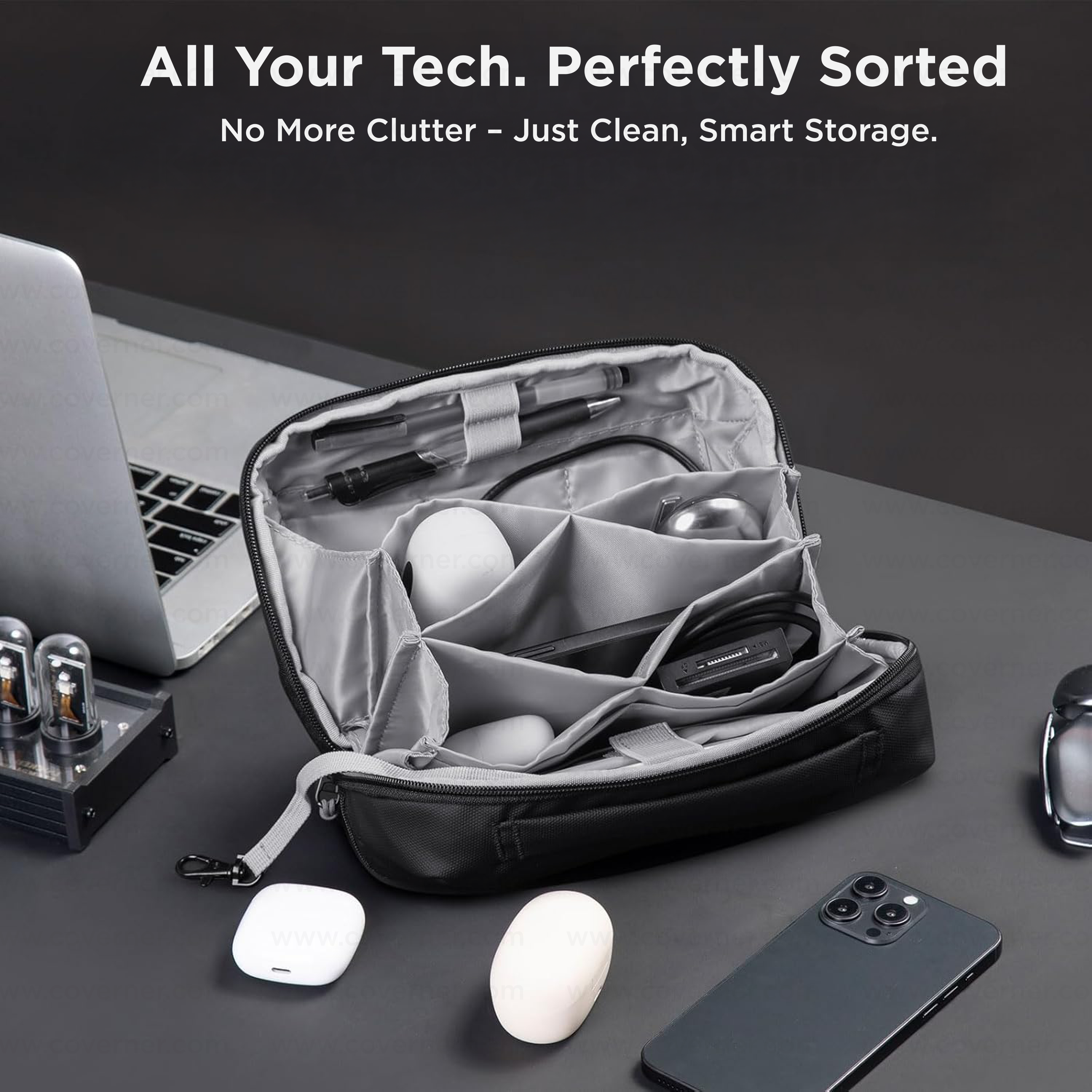 GridNest 180° Travel Tech Pouch – Large Electronics Accessories Organizer Bag | Coverner India