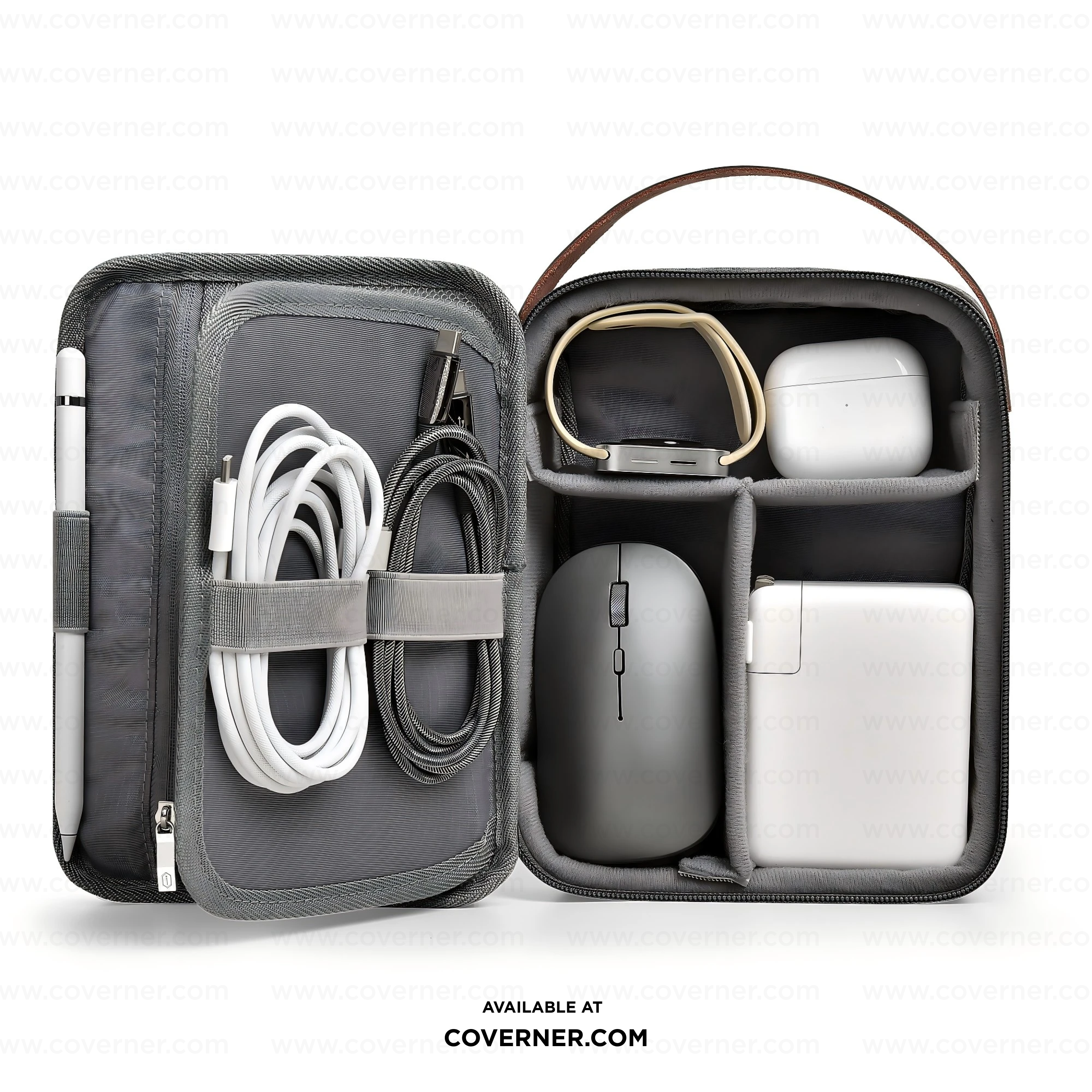 WiWU Minimalis Travel Tech Pouch – Splash-Proof Organizer with Leather Strap (Black/Gray) | Coverner India