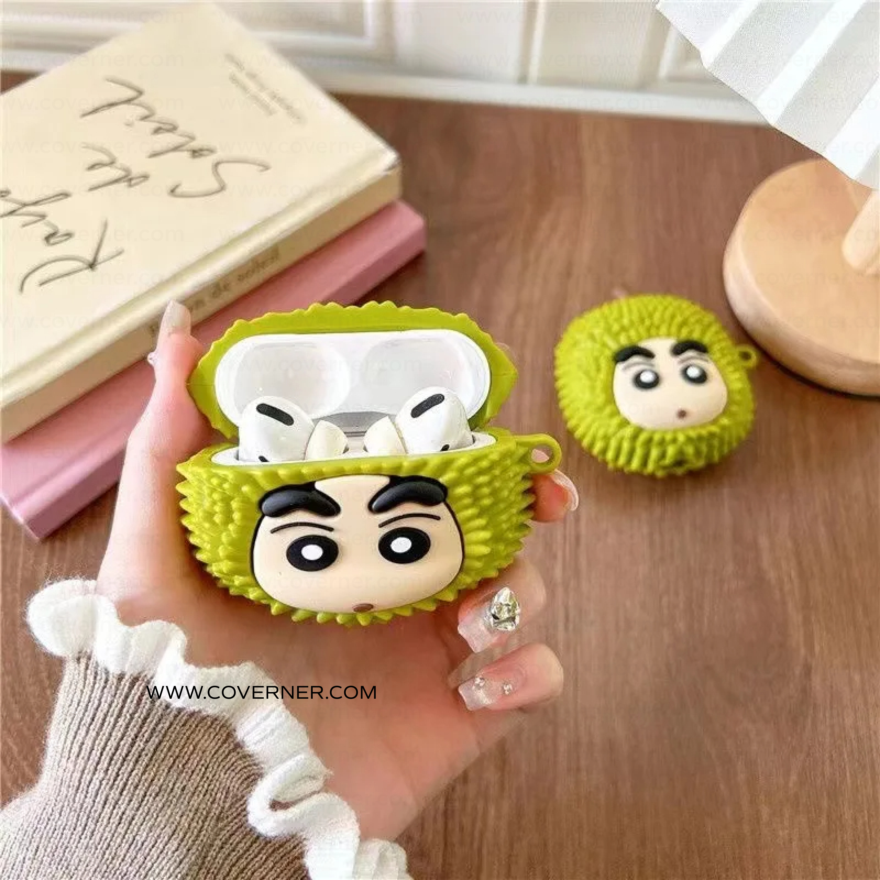 Shinchan Durian Silicone AirPods Case with Hook – Quirky AirPods Cover by Coverner India
