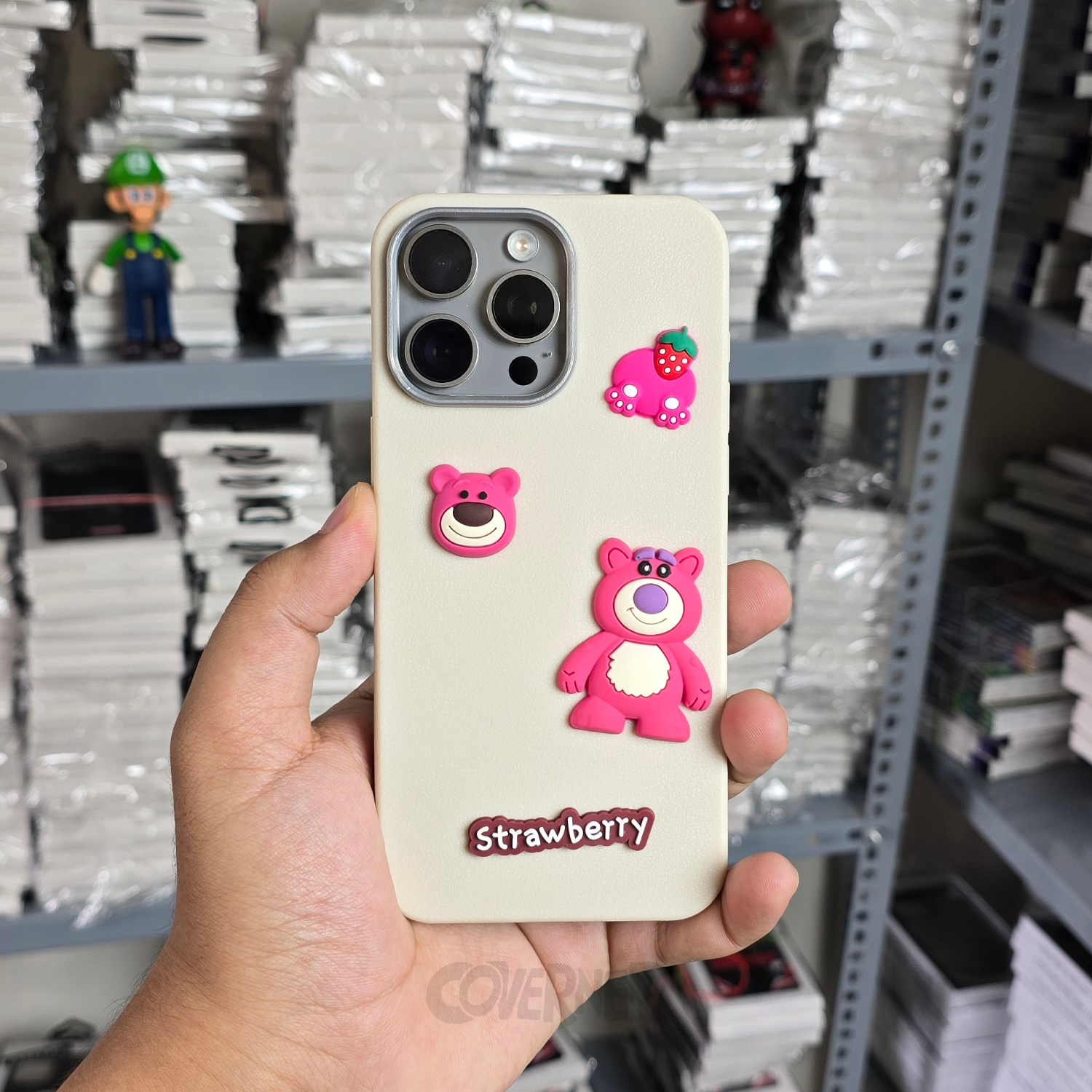 Strawberry Bear - Cream - Cartoon Charm Silicone Case for Iphone, Camera Protection | Coverner India
