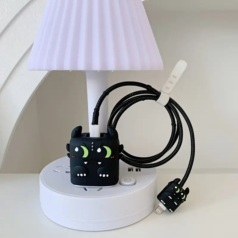 Limited Edition Iphone Charger Case Cover - Dragon Black - 4 Piece Set (With Wire Protector)