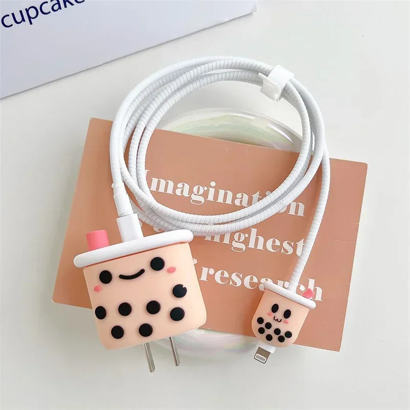 Iphone Charger Case Cover - Bubble Tea (Boba Tea) - 4 Piece Set (With Wire Protector)