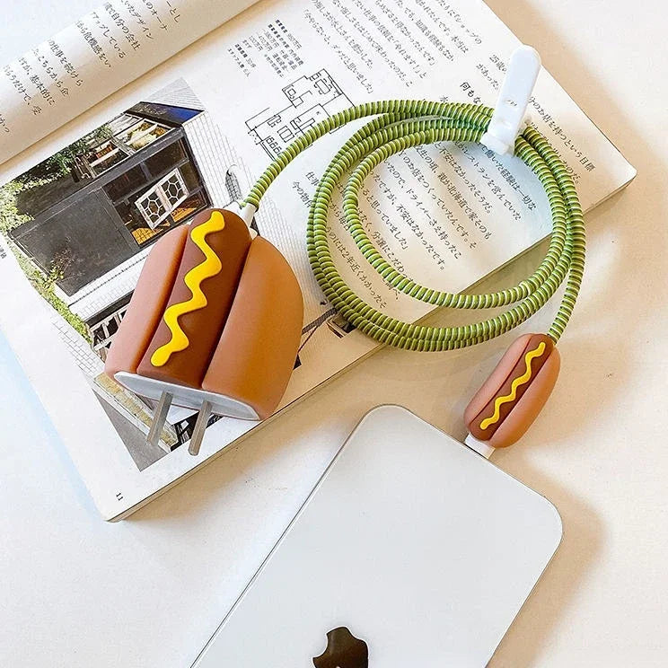 Iphone Charger Case Cover - Hot Dog - 4 Piece Set (With Wire Protector)