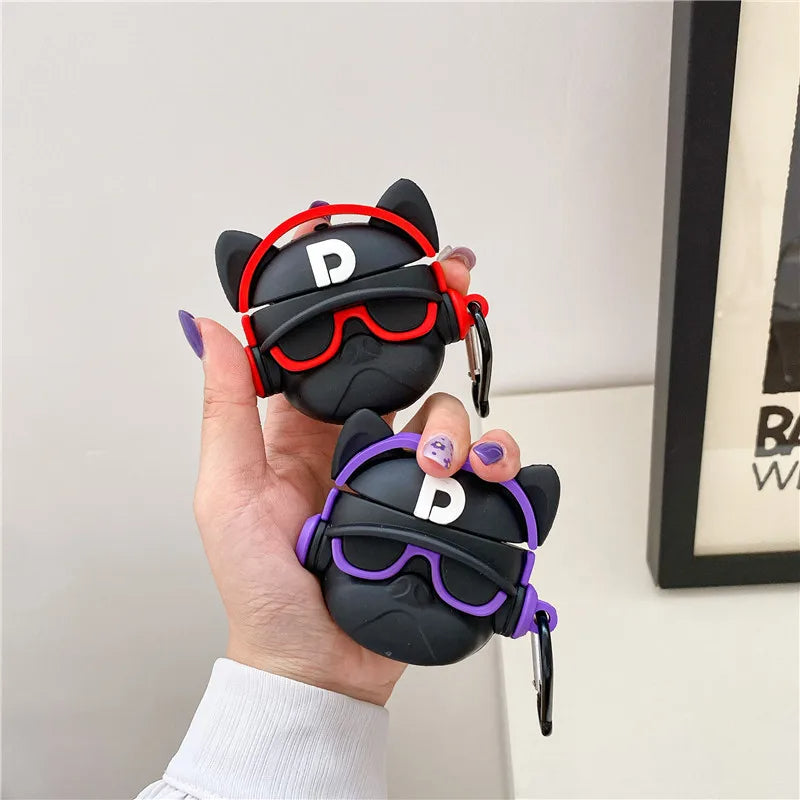 Dog Keychain (Red & Black) for Apple AirPods -  Cartoon Bulldog Silicone Case Cover Case Accessories