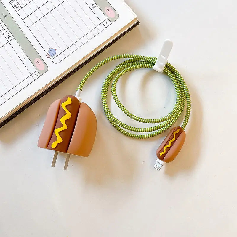 Iphone Charger Case Cover - Hot Dog - 4 Piece Set (With Wire Protector)