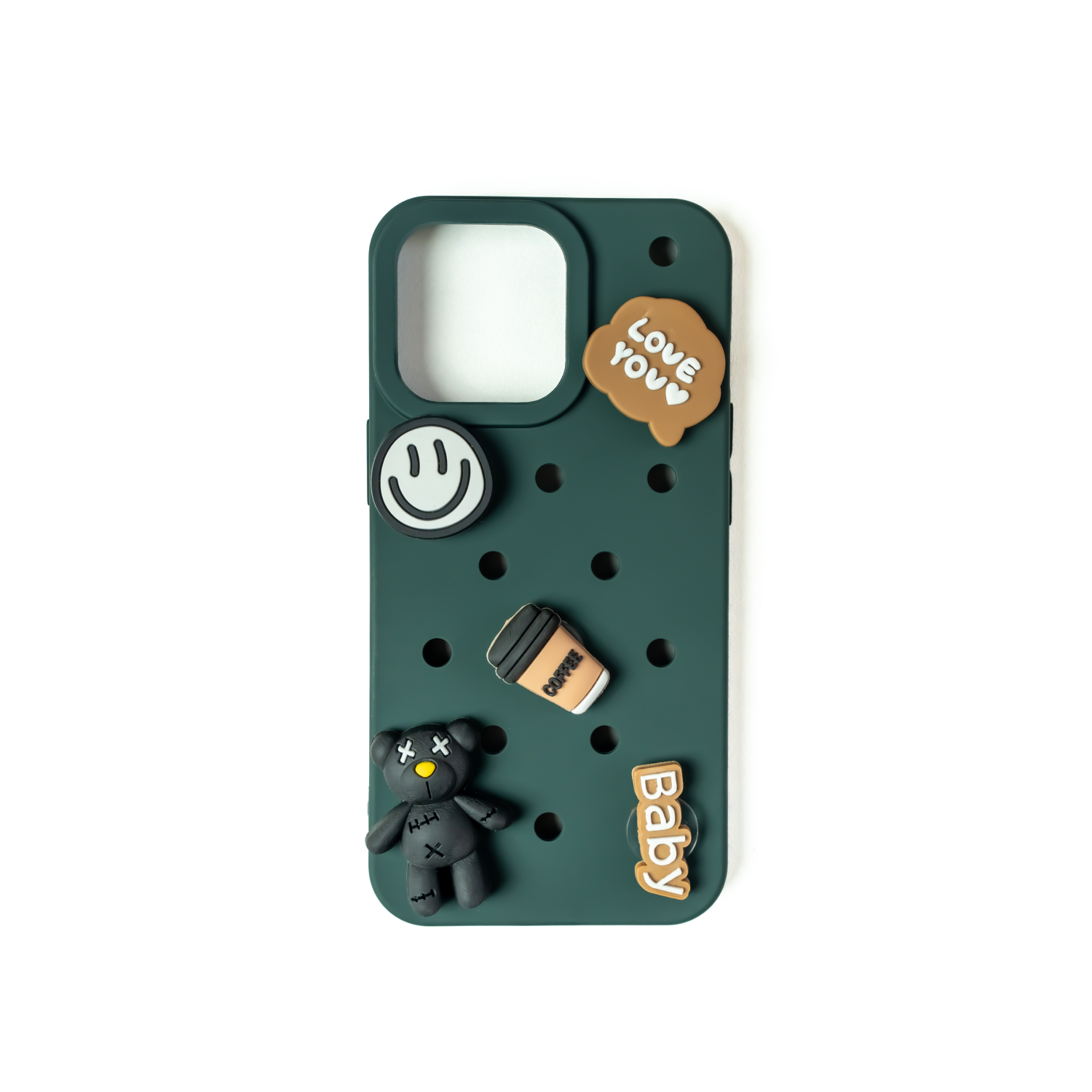 Cute Love - Silicone Iphone Case - Olive Green -  Includes 5 Detachable Chrams