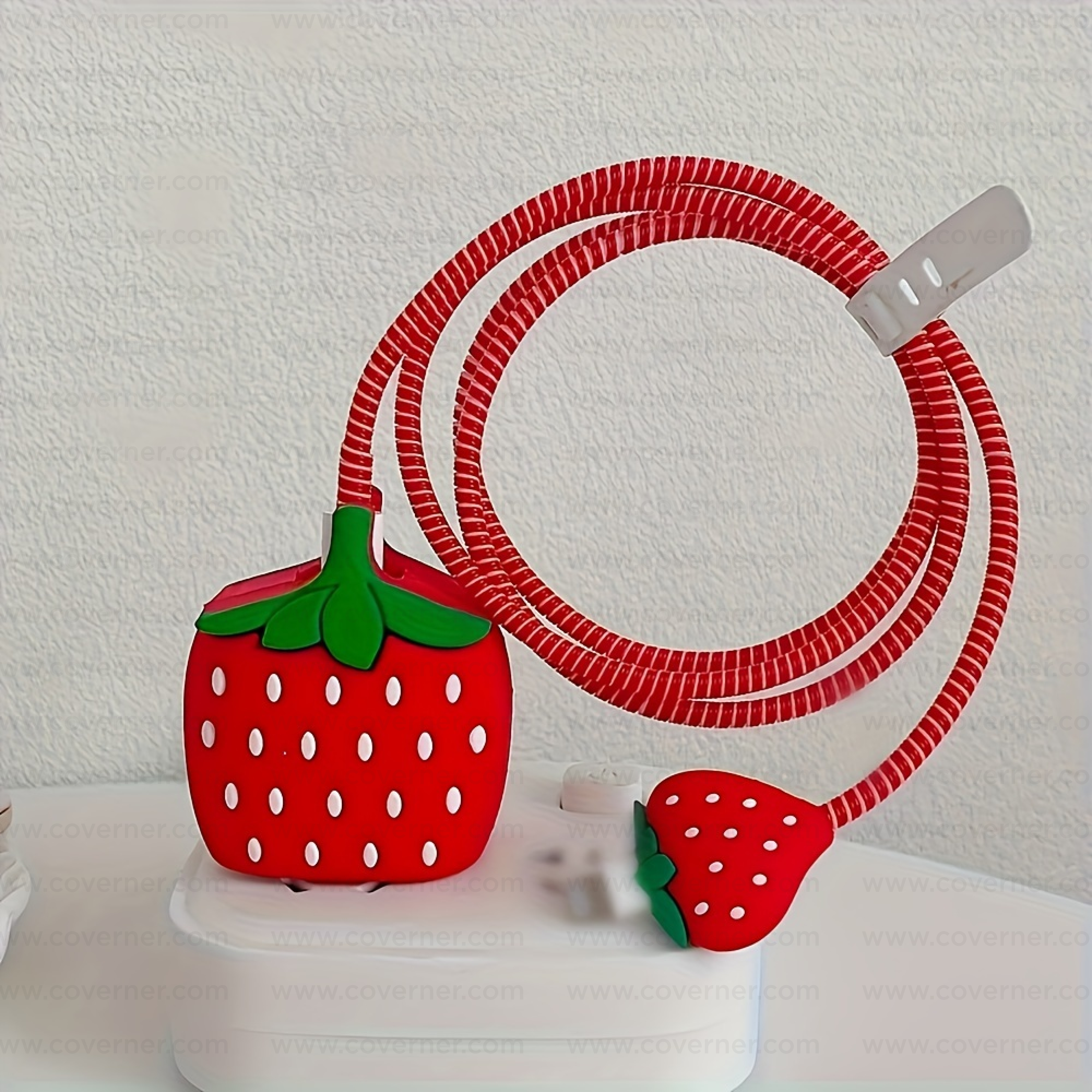 Iphone Charger Case Cover - Red Cherry - 4 Piece Set (With Wire Protector)