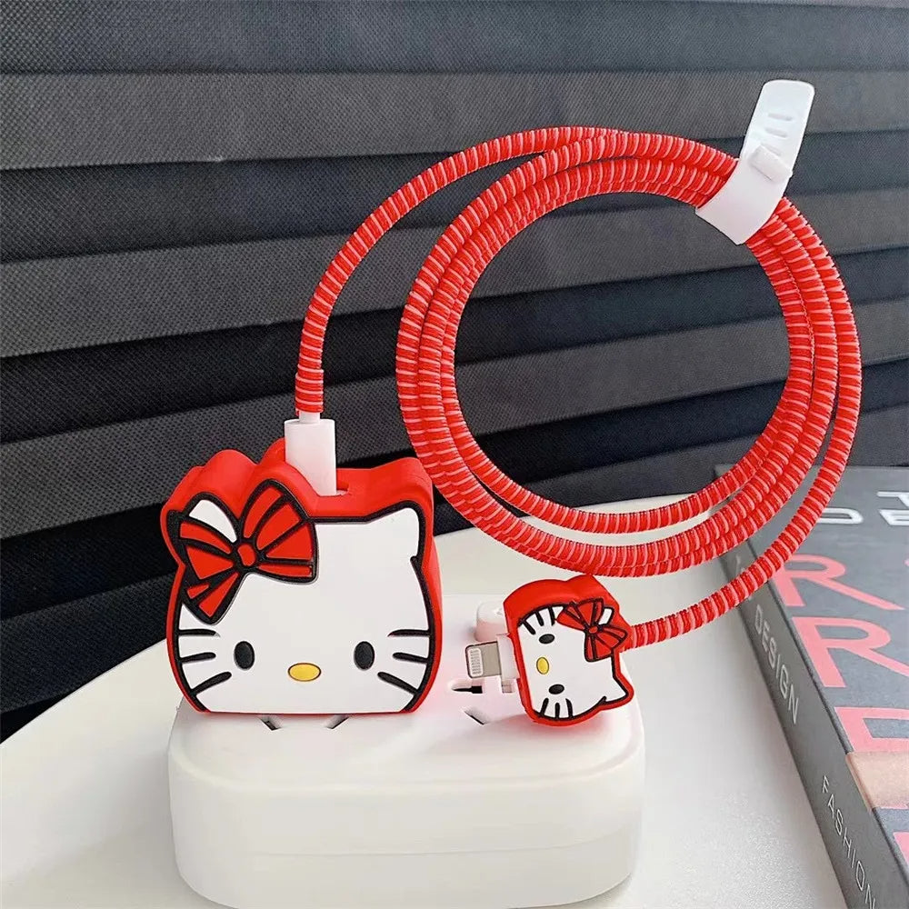 Iphone Charger Case Cover - Kitty Red - 4 Piece Set (With Wire Protector)